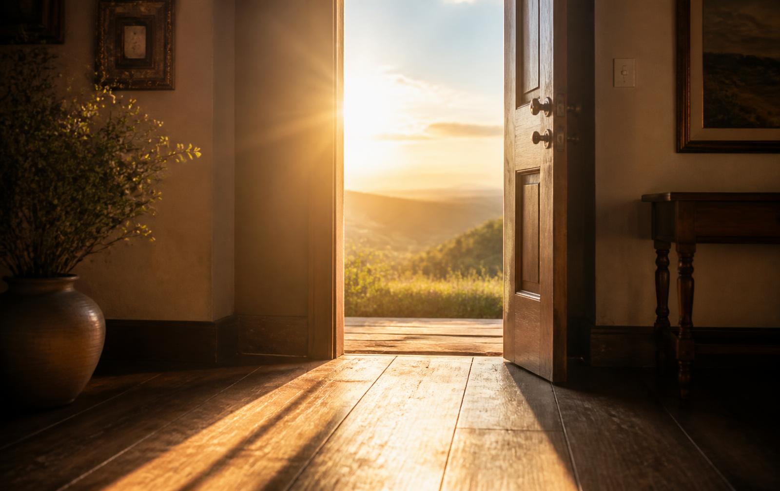 An open doorway with soft sunlight streaming into a calm room
