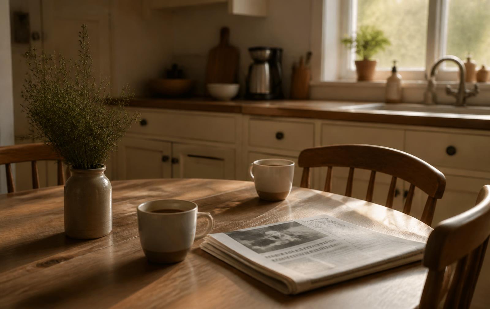 A warm kitchen table at home, morning light, coffee and family photographs
